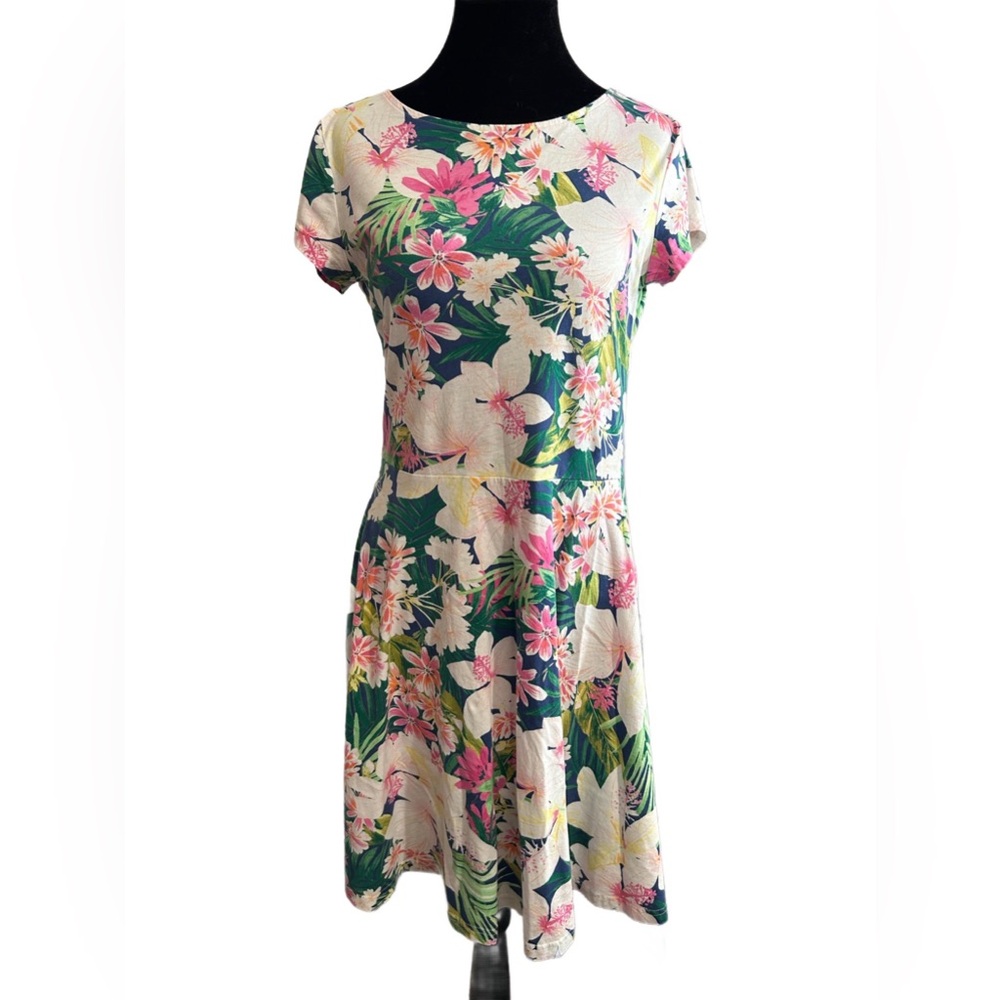 American Living Tropical Vacation Dress White Pink Green Cotton Open Back Medium